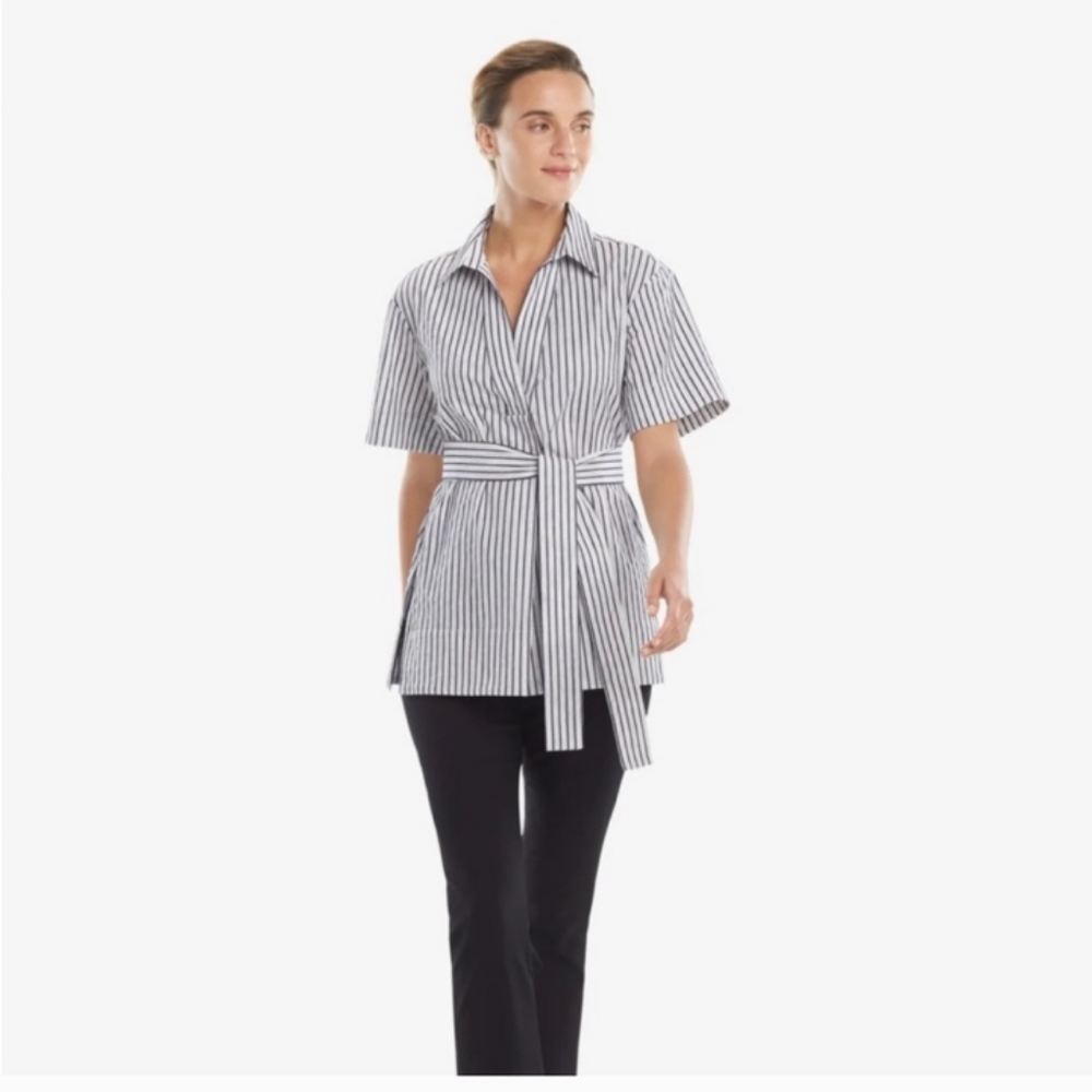 MM LaFleur Wilma Textured Stripe Tunic Top Collared Short Sleeve